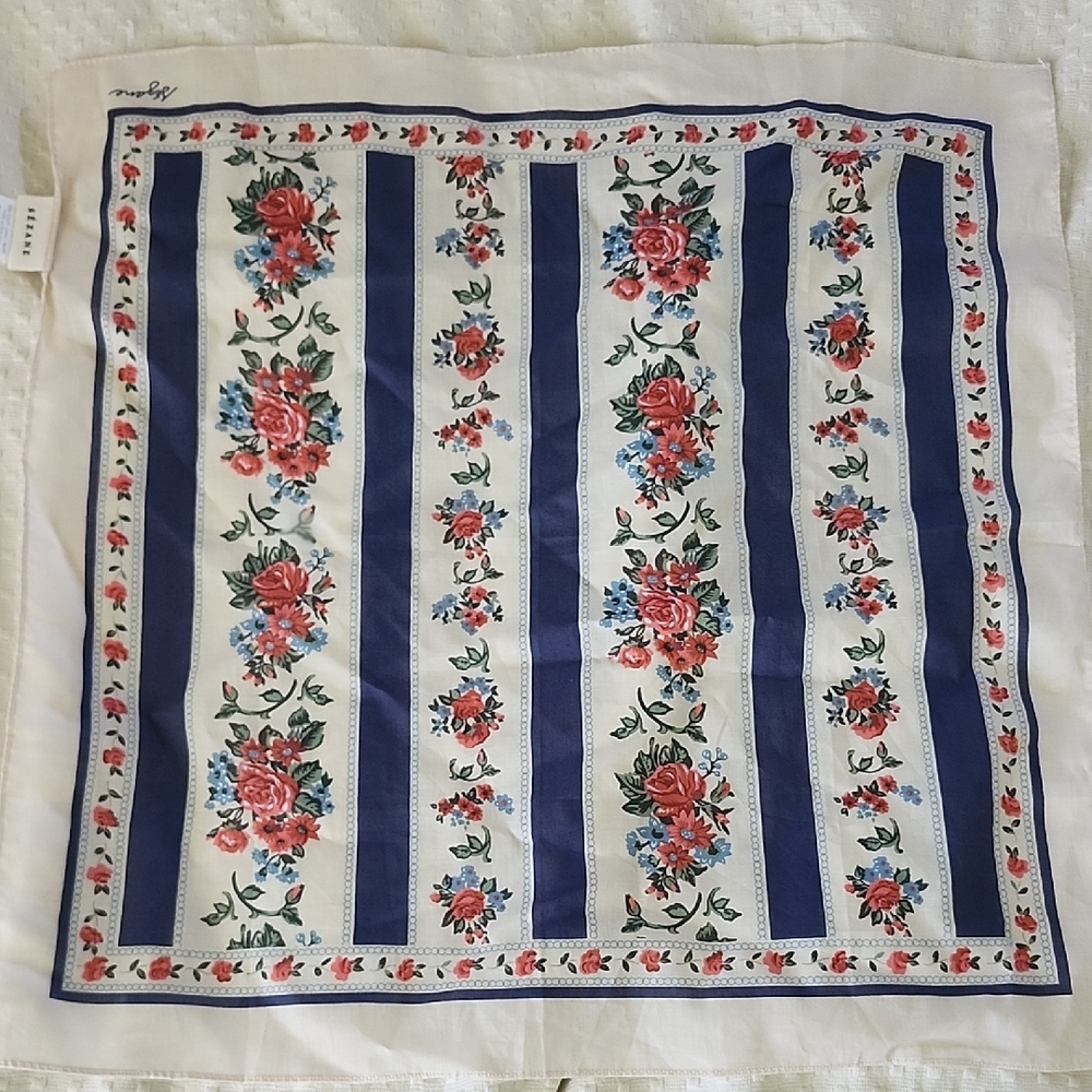 Sezane Scarf 60cm By 60cm Floral Stripe Square Scarf in Navy, White & Pink